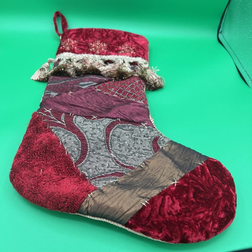 Christmas‎ Stocking quilted Tapestry Tassels Satin Ribbon Mixed Fabrics 18
